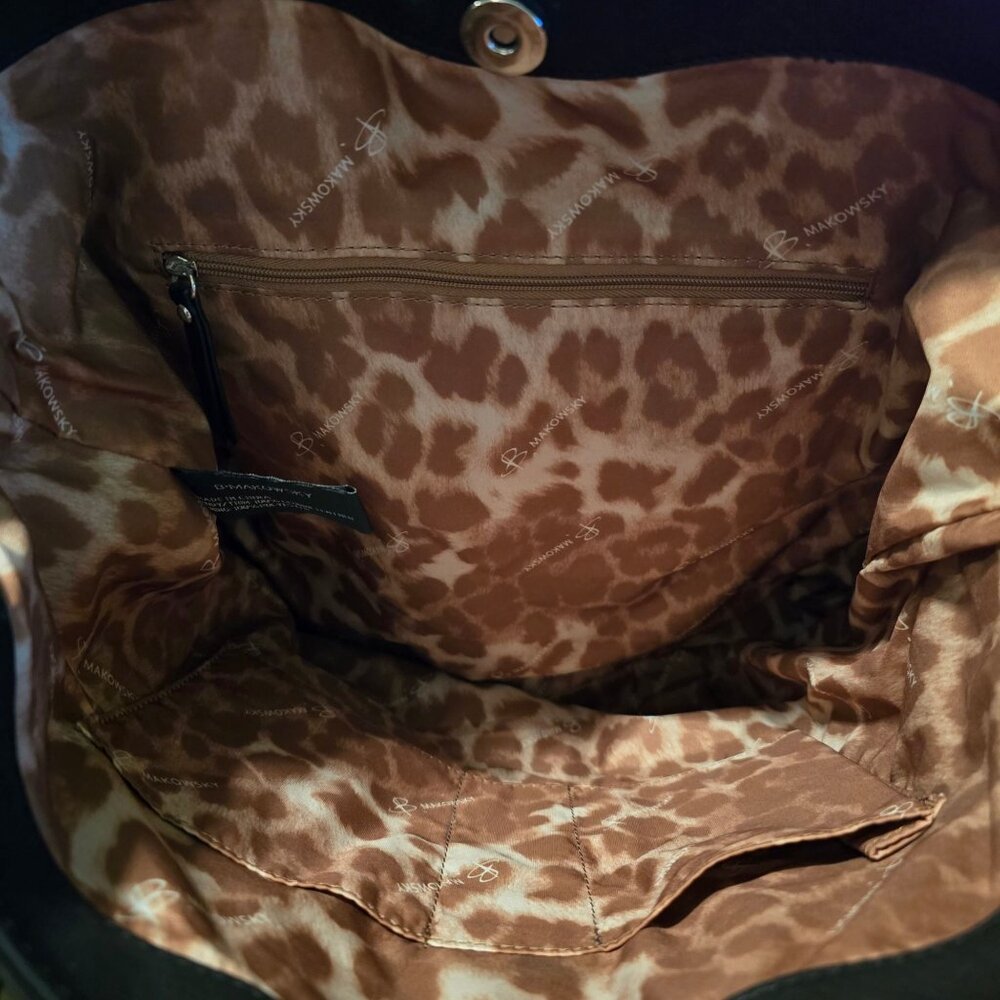 B. Makowsky Black Leather Medium Square Tote Cheetah Satin Liner, EUC - Picture 6 of 7